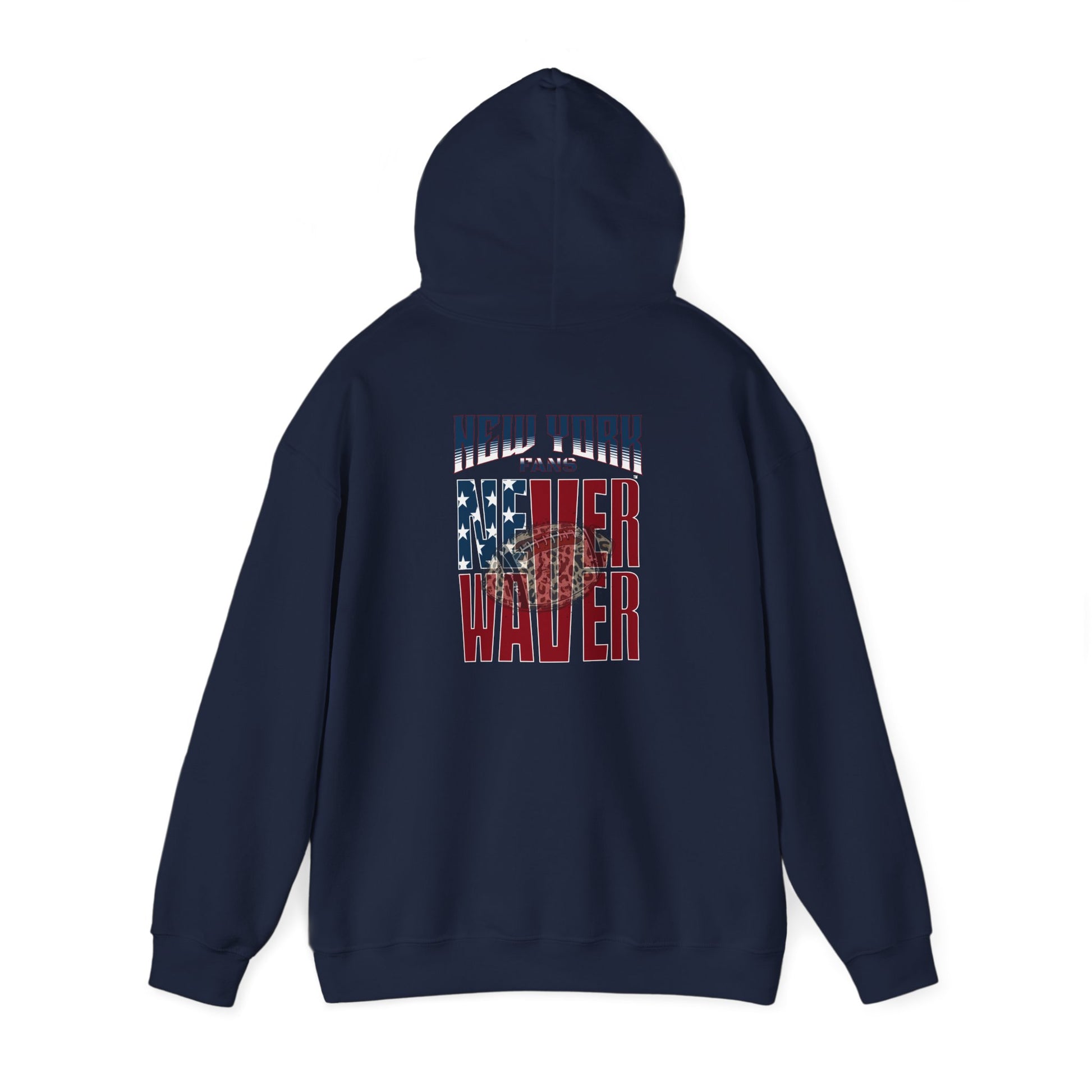 Unisex Heavy Blend™ Hooded Sweatshirt - 'New York Fans Never Waver W Leopard Football' American Pride Design - Never Waver