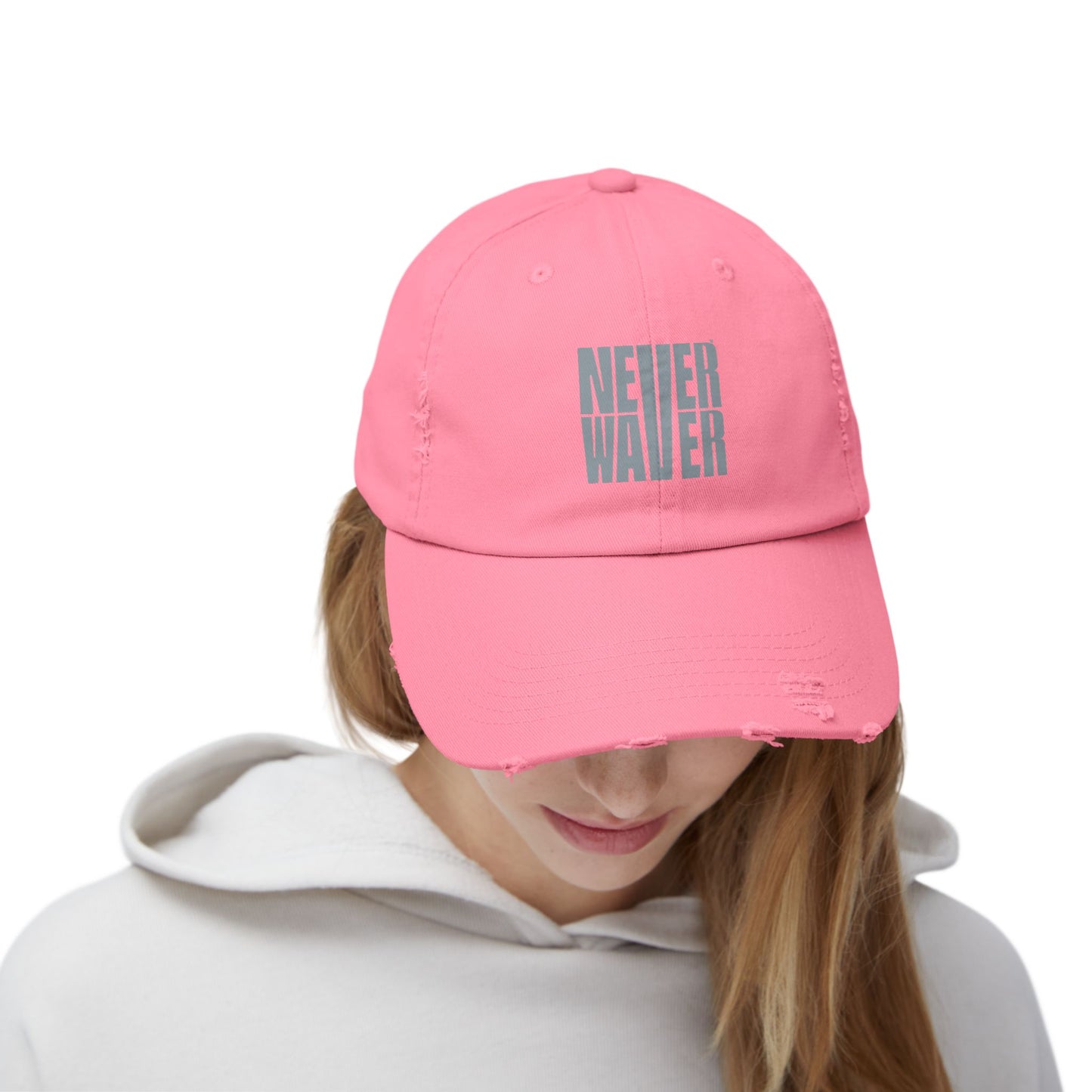 Unisex Distressed Cap - 'Never Waver' Casual Hat for Everyday Style