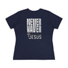 Never Waver” Jesus bold, eye-catching design that reflects a steadfast faith and confidence in Christ. Women's Cotton Tee - Never Waver