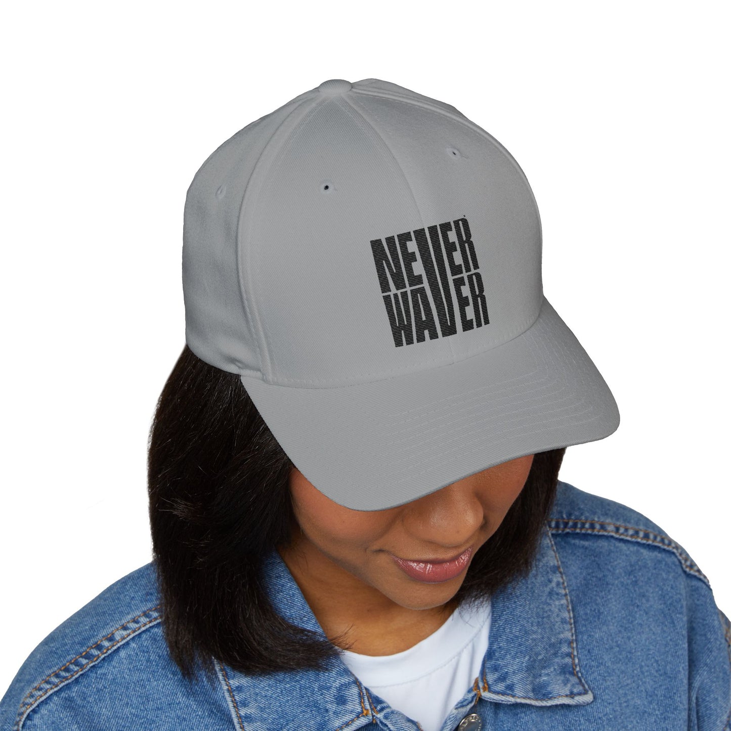 Never Waver Embroidered Cap - Structured White Baseball Hat for Motivation and Style