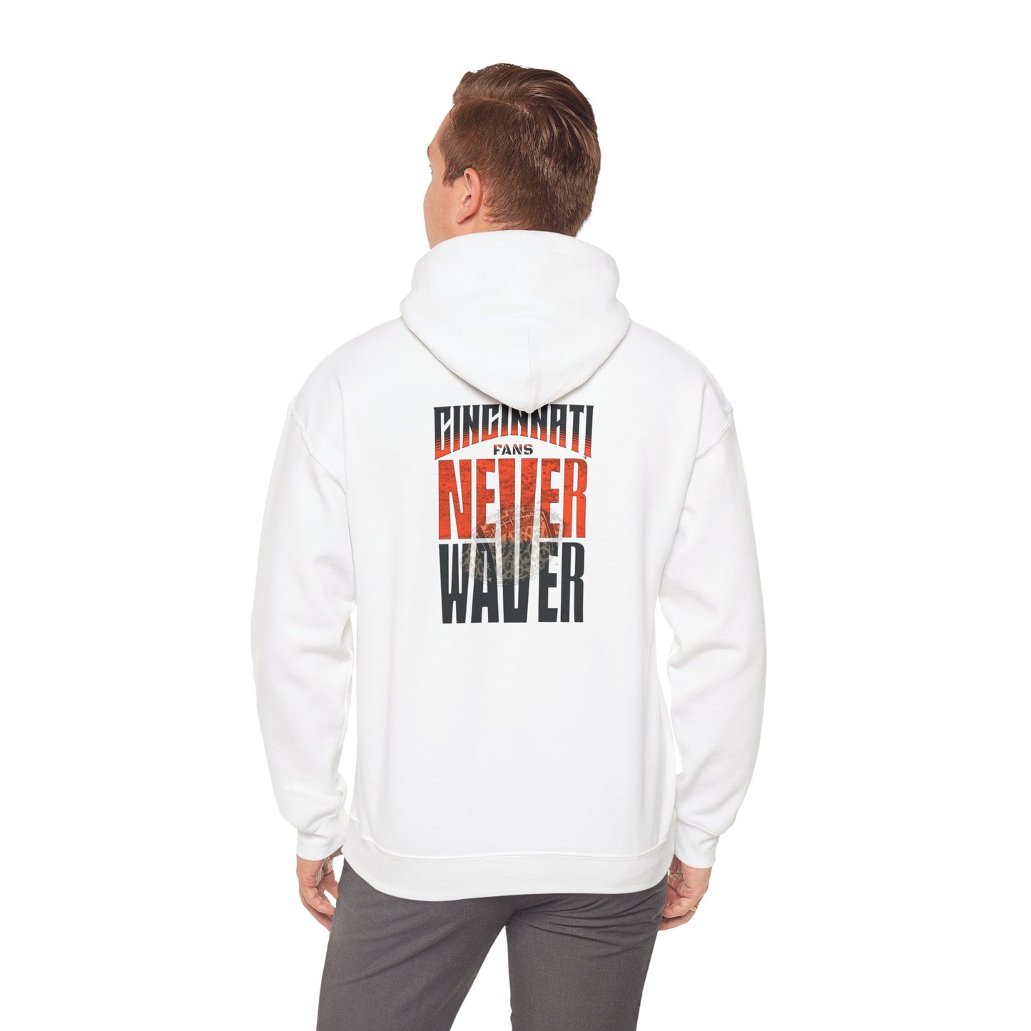Cincinnati Fans Never Waver Hoodie w Leopard Football - Unisex Heavy Blend Sweatshirt - Never Waver