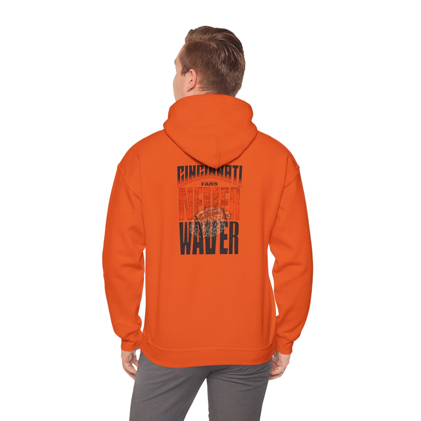 Cincinnati Fans Never Waver Hoodie w Leopard Football - Unisex Heavy Blend Sweatshirt - Never Waver