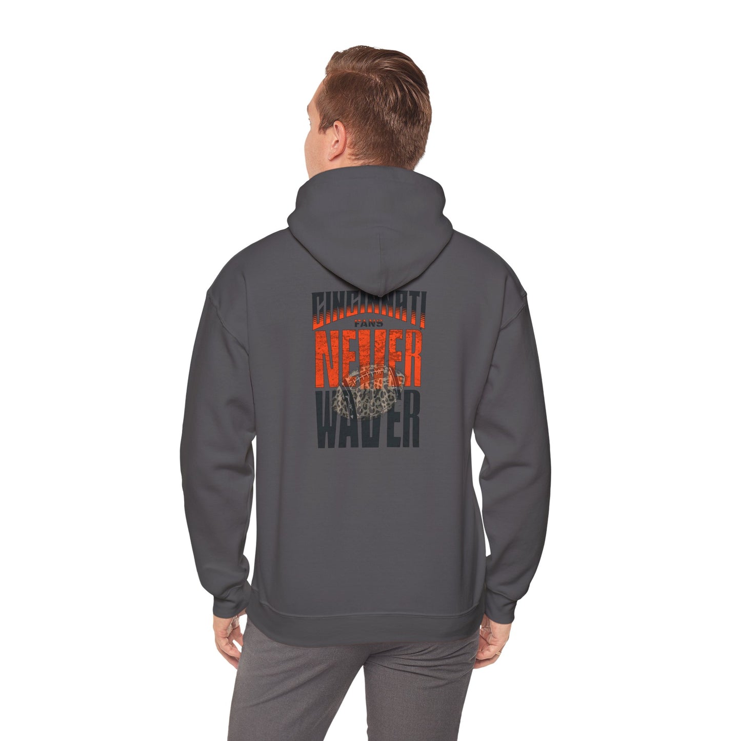 Cincinnati Fans Never Waver Hoodie w Leopard Football - Unisex Heavy Blend Sweatshirt - Never Waver