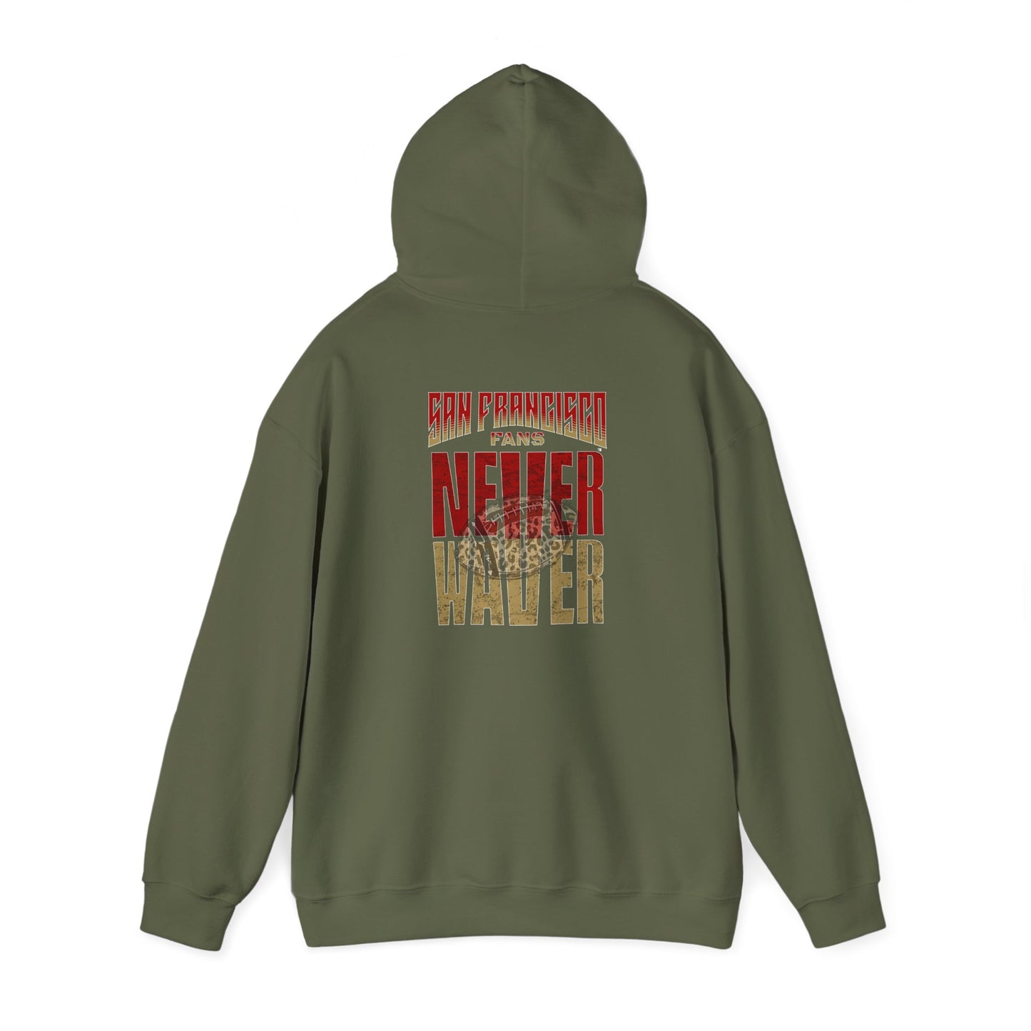 Never Waver San Francisco Hoodie w Leopard Football - Unisex Heavy Blend Sweatshirt - Never Waver