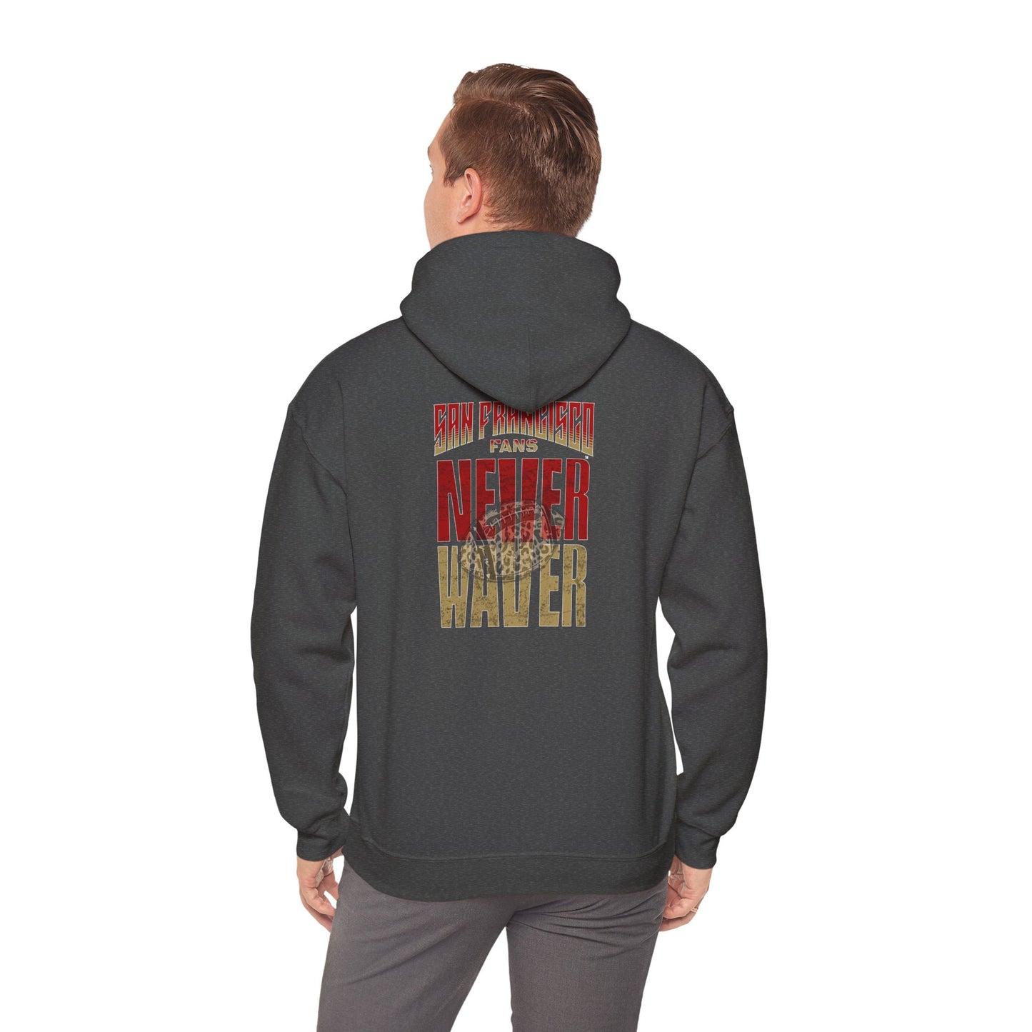 Never Waver San Francisco Hoodie w Leopard Football - Unisex Heavy Blend Sweatshirt - Never Waver