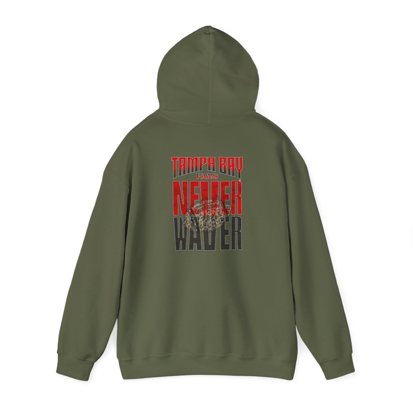 Tampa Bay Fans  Never Waver  w Leopard Football Unisex Heavy Blend™ Hoodie - Perfect for Sports Fans - Never Waver