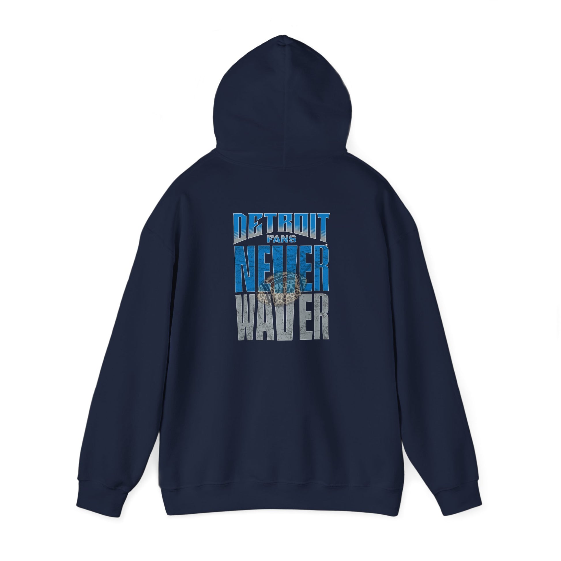 Unisex Heavy Blend™ Hooded Sweatshirt - "Detroit Fans NEVER WAVER w Leopard Football" Inspirational Wear - Never Waver