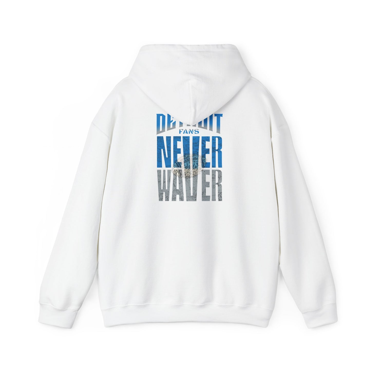Unisex Heavy Blend™ Hooded Sweatshirt - "Detroit Fans NEVER WAVER w Leopard Football" Inspirational Wear - Never Waver