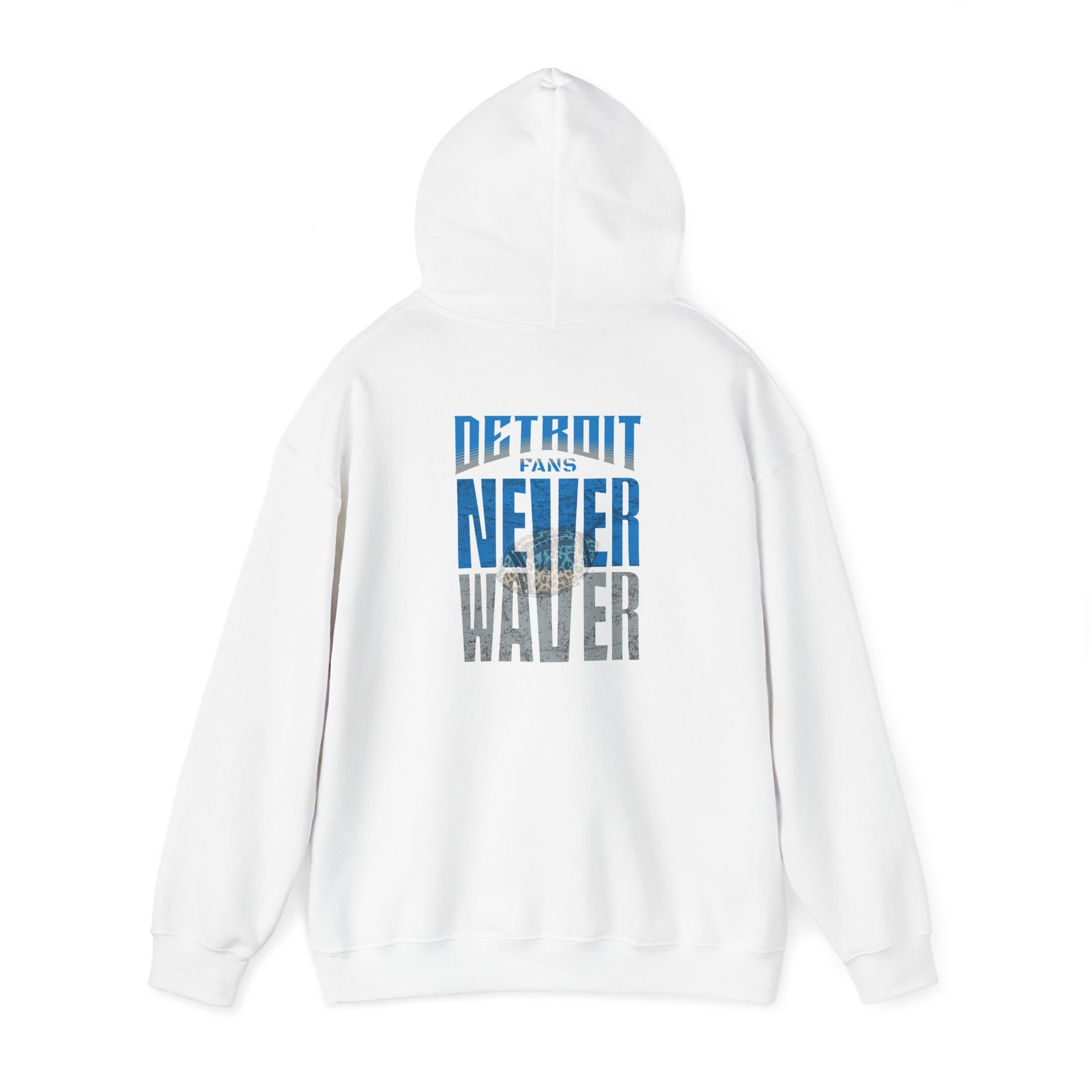 Unisex Heavy Blend™ Hooded Sweatshirt - "Detroit Fans NEVER WAVER w Leopard Football" Inspirational Wear - Never Waver