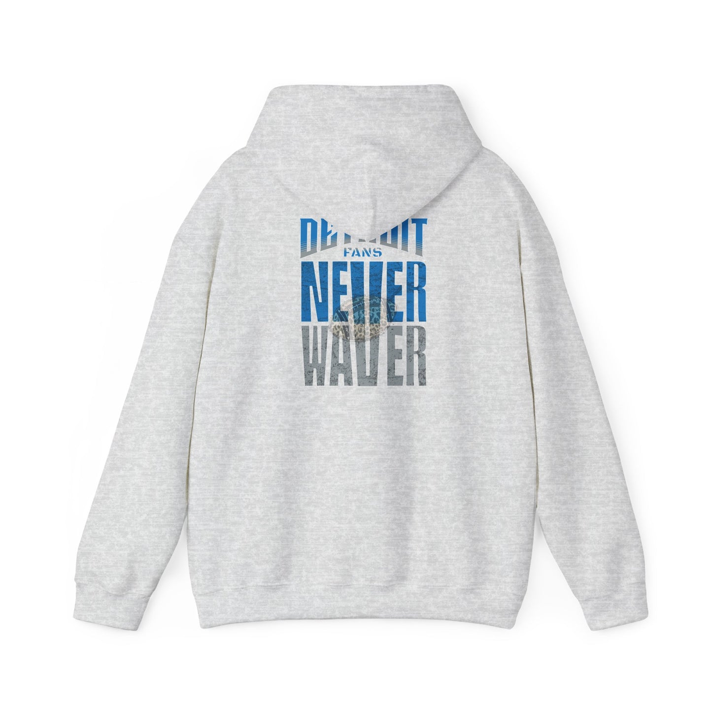 Unisex Heavy Blend™ Hooded Sweatshirt - "Detroit Fans NEVER WAVER w Leopard Football" Inspirational Wear - Never Waver