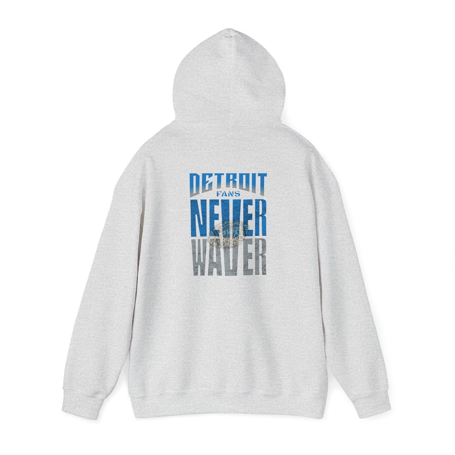 Unisex Heavy Blend™ Hooded Sweatshirt - "Detroit Fans NEVER WAVER w Leopard Football" Inspirational Wear - Never Waver