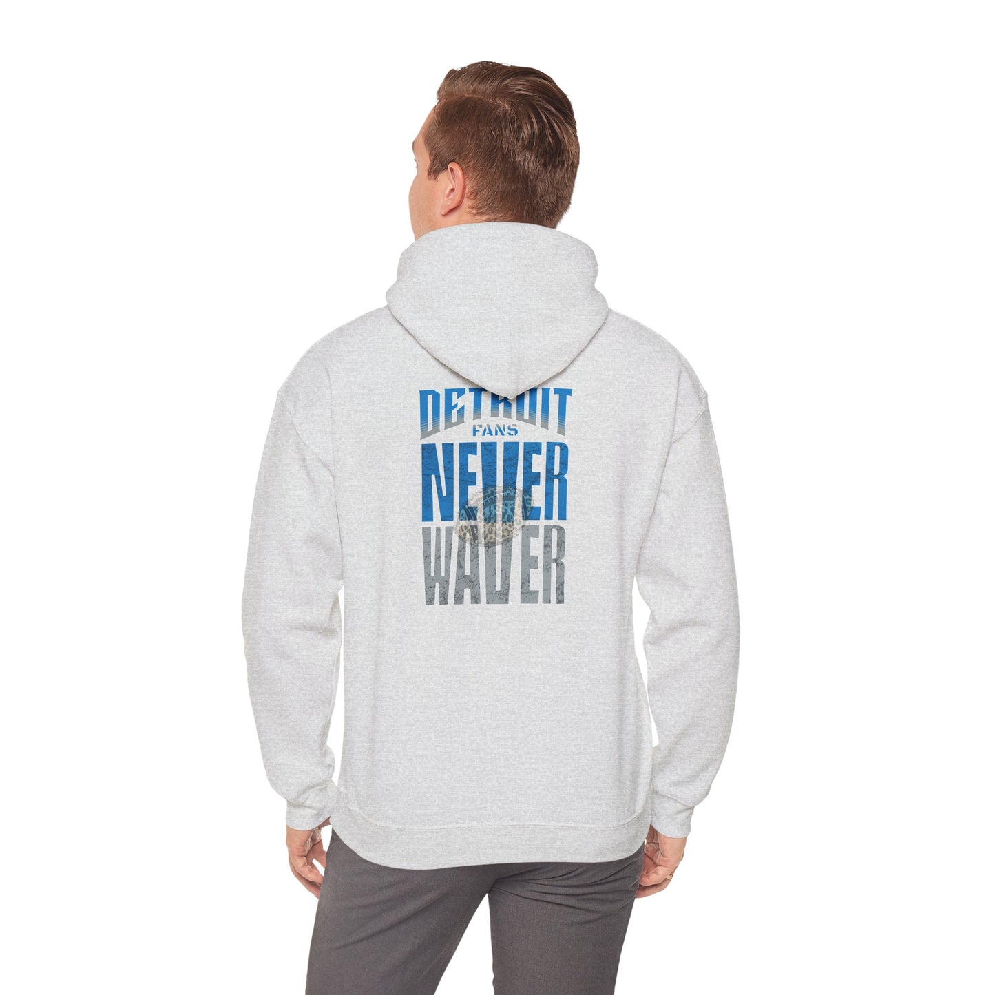 Unisex Heavy Blend™ Hooded Sweatshirt - "Detroit Fans NEVER WAVER w Leopard Football" Inspirational Wear - Never Waver