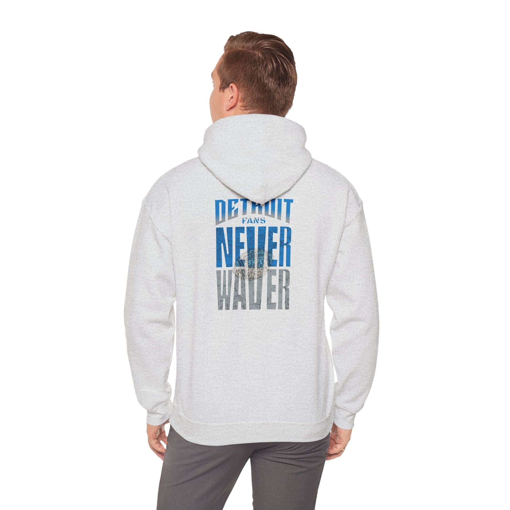 Unisex Heavy Blend™ Hooded Sweatshirt - "Detroit Fans NEVER WAVER w Leopard Football" Inspirational Wear - Never Waver