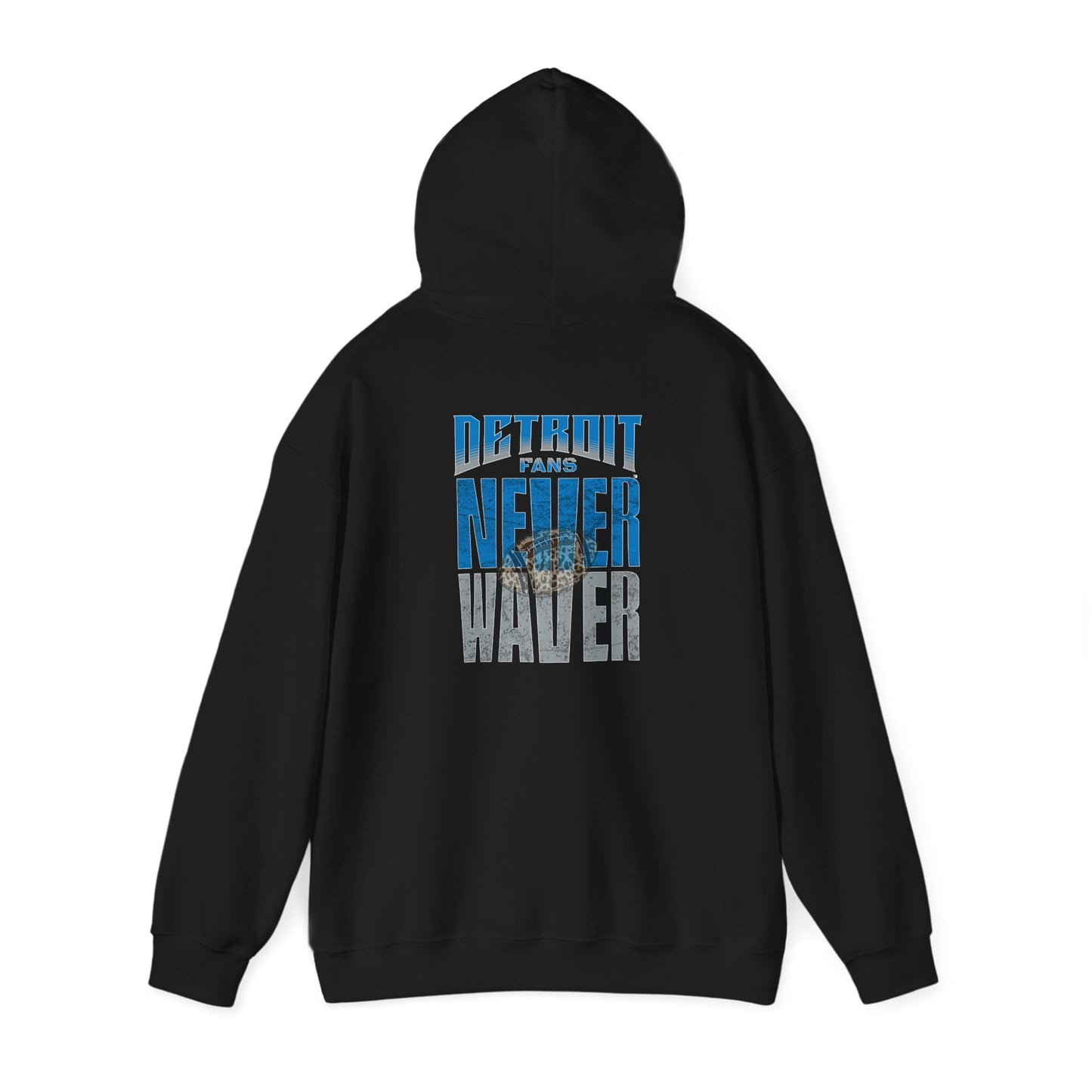 Unisex Heavy Blend™ Hooded Sweatshirt - "Detroit Fans NEVER WAVER w Leopard Football" Inspirational Wear - Never Waver
