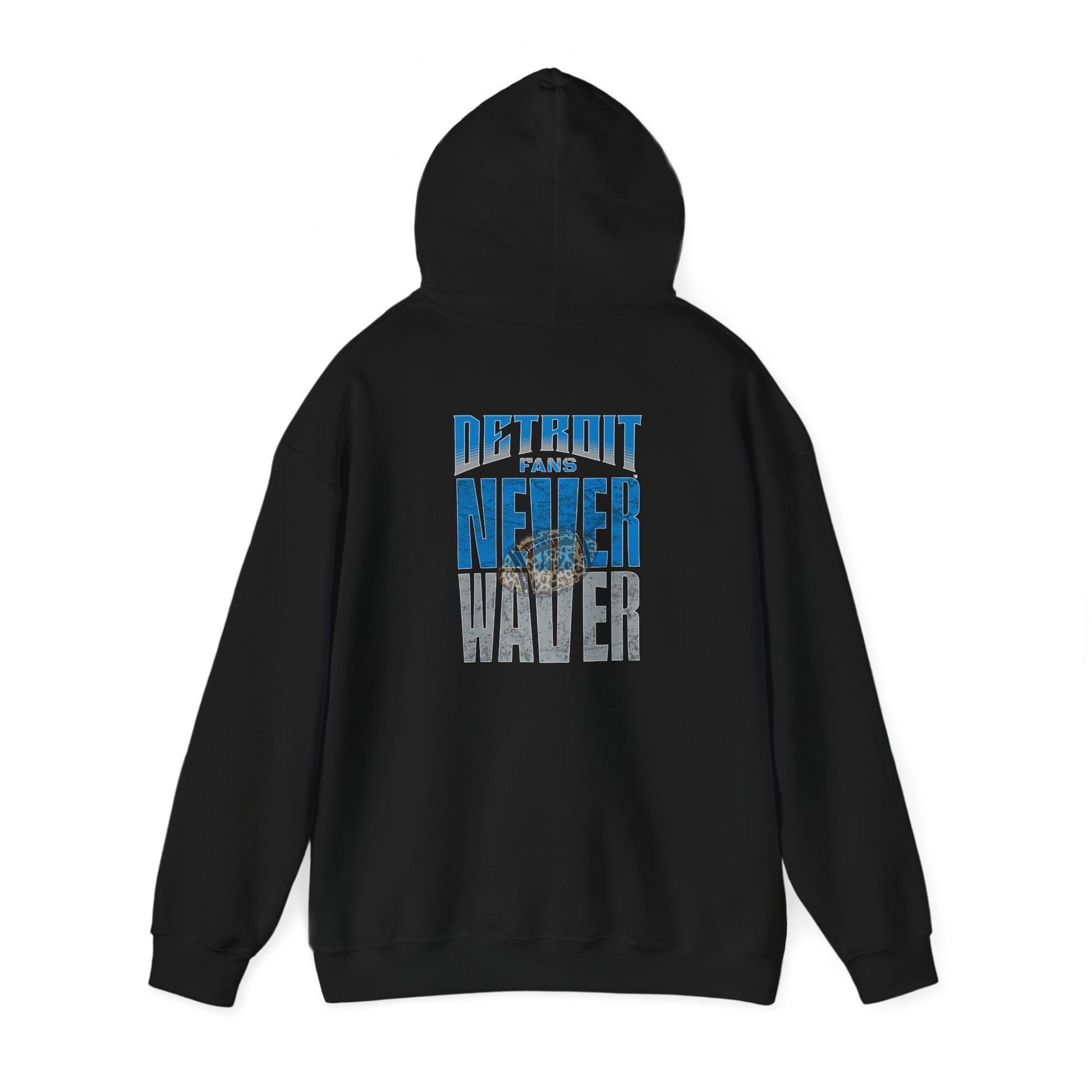 Unisex Heavy Blend™ Hooded Sweatshirt - "Detroit Fans NEVER WAVER w Leopard Football" Inspirational Wear - Never Waver