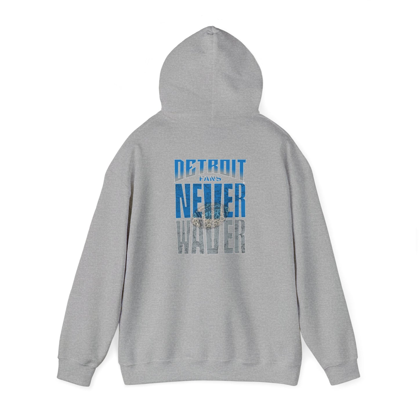 Unisex Heavy Blend™ Hooded Sweatshirt - "Detroit Fans NEVER WAVER w Leopard Football" Inspirational Wear - Never Waver