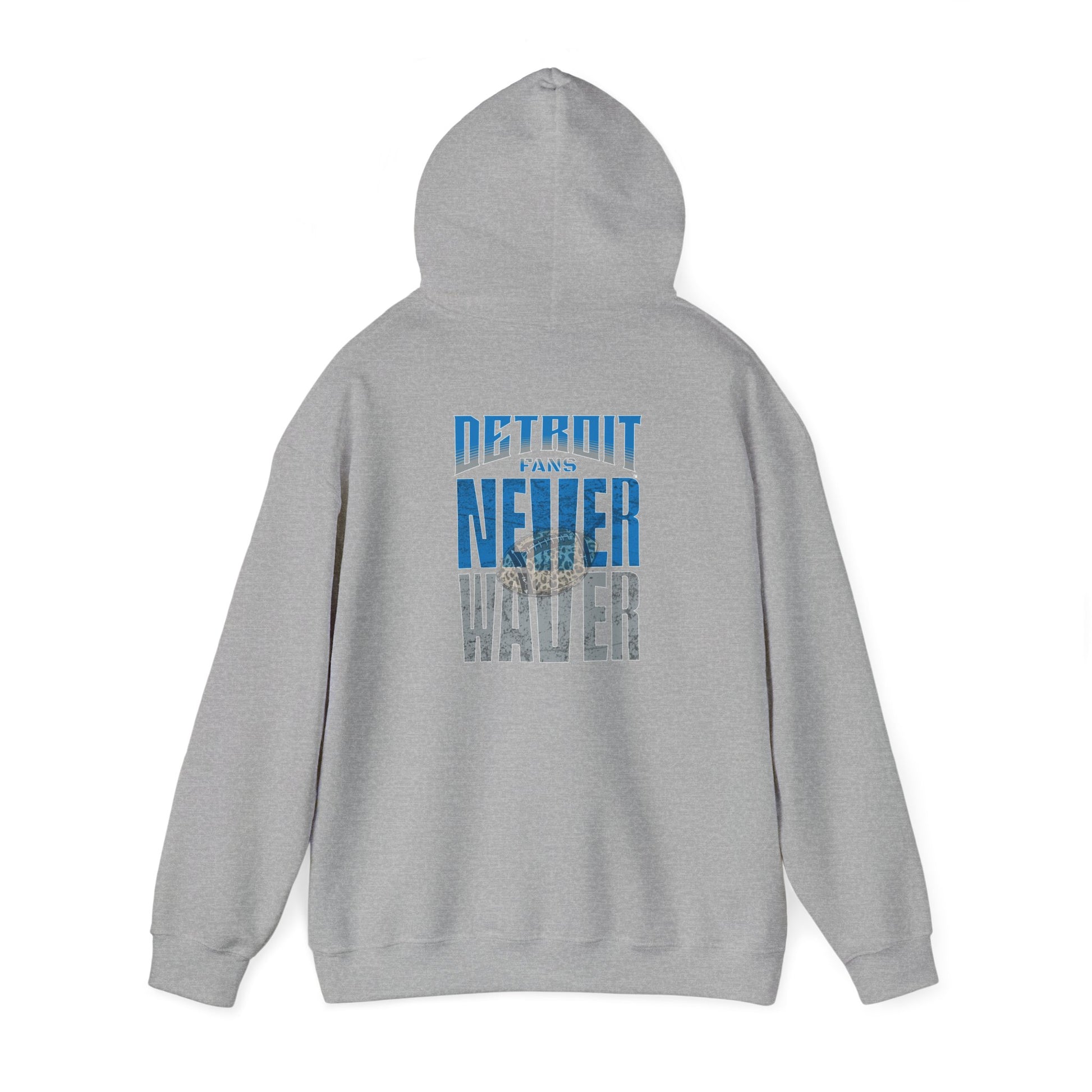 Unisex Heavy Blend™ Hooded Sweatshirt - "Detroit Fans NEVER WAVER w Leopard Football" Inspirational Wear - Never Waver