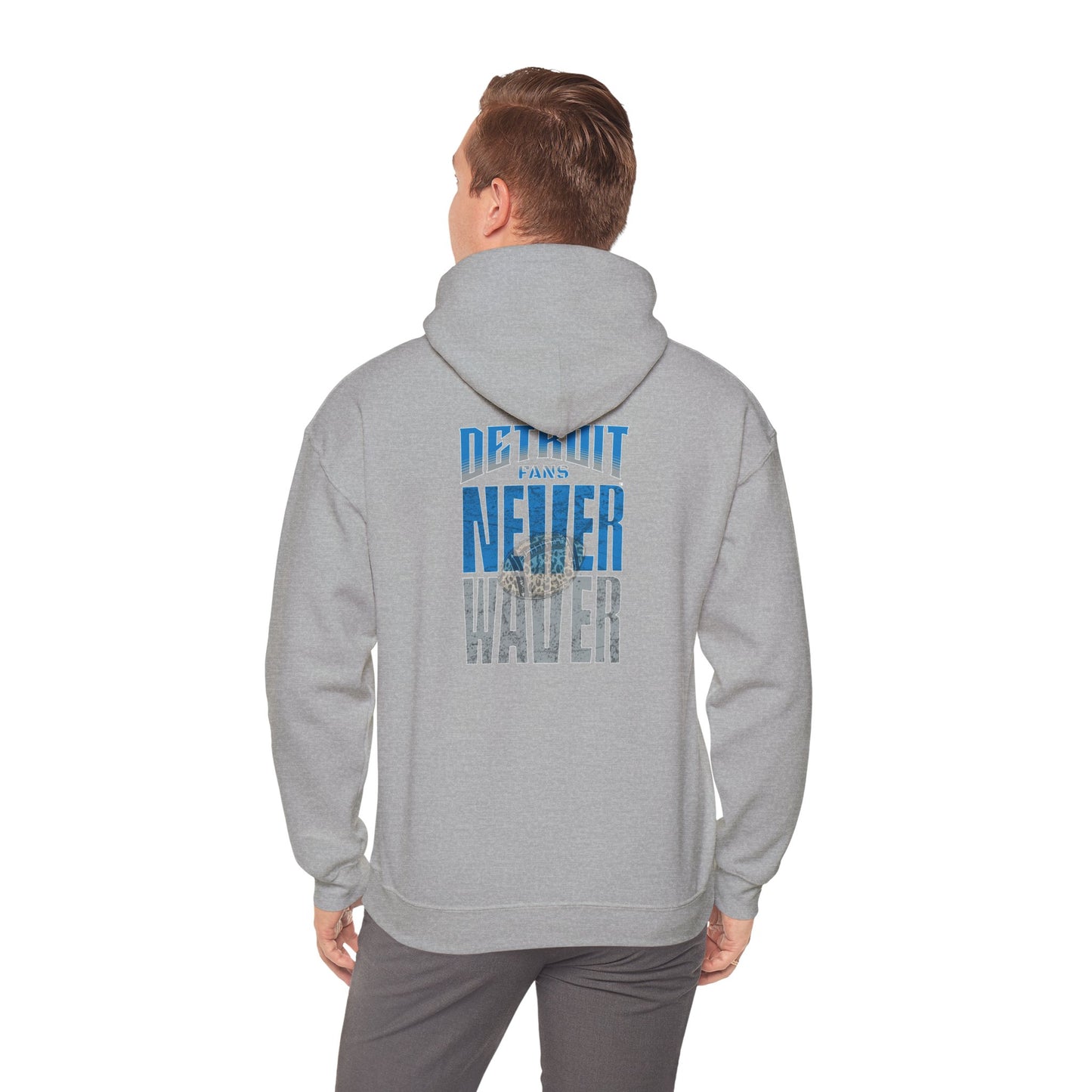 Unisex Heavy Blend™ Hooded Sweatshirt - "Detroit Fans NEVER WAVER w Leopard Football" Inspirational Wear - Never Waver