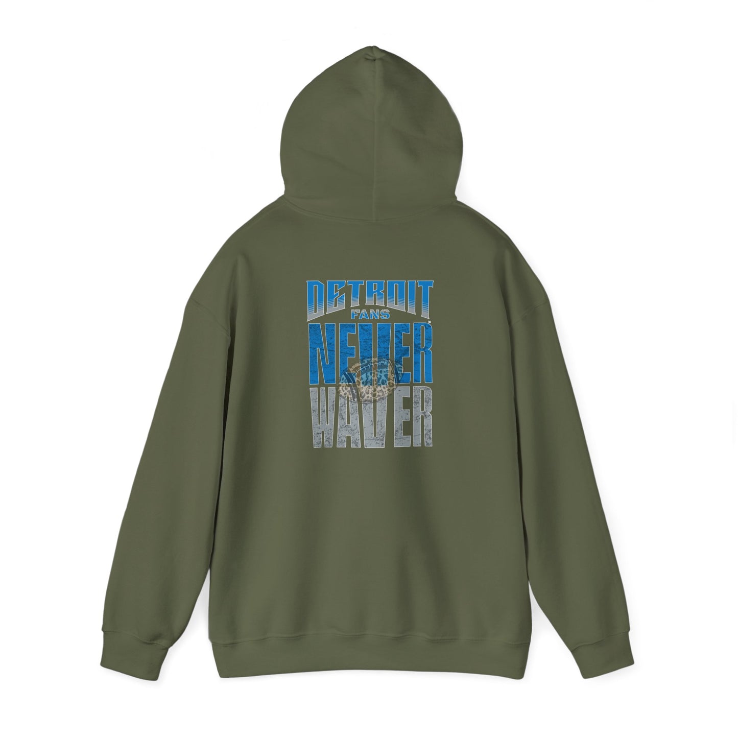Unisex Heavy Blend™ Hooded Sweatshirt - "Detroit Fans NEVER WAVER w Leopard Football" Inspirational Wear - Never Waver