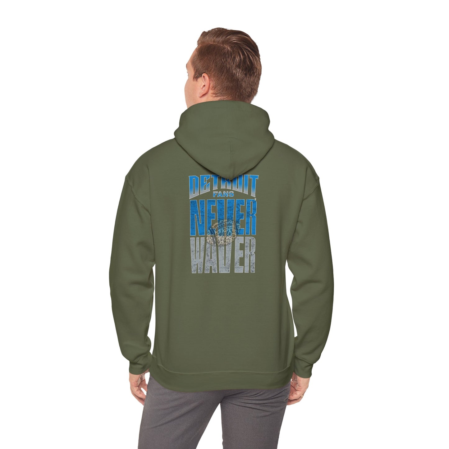 Unisex Heavy Blend™ Hooded Sweatshirt - "Detroit Fans NEVER WAVER w Leopard Football" Inspirational Wear - Never Waver