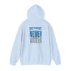 Unisex Heavy Blend™ Hooded Sweatshirt - "Detroit Fans NEVER WAVER w Leopard Football" Inspirational Wear - Never Waver