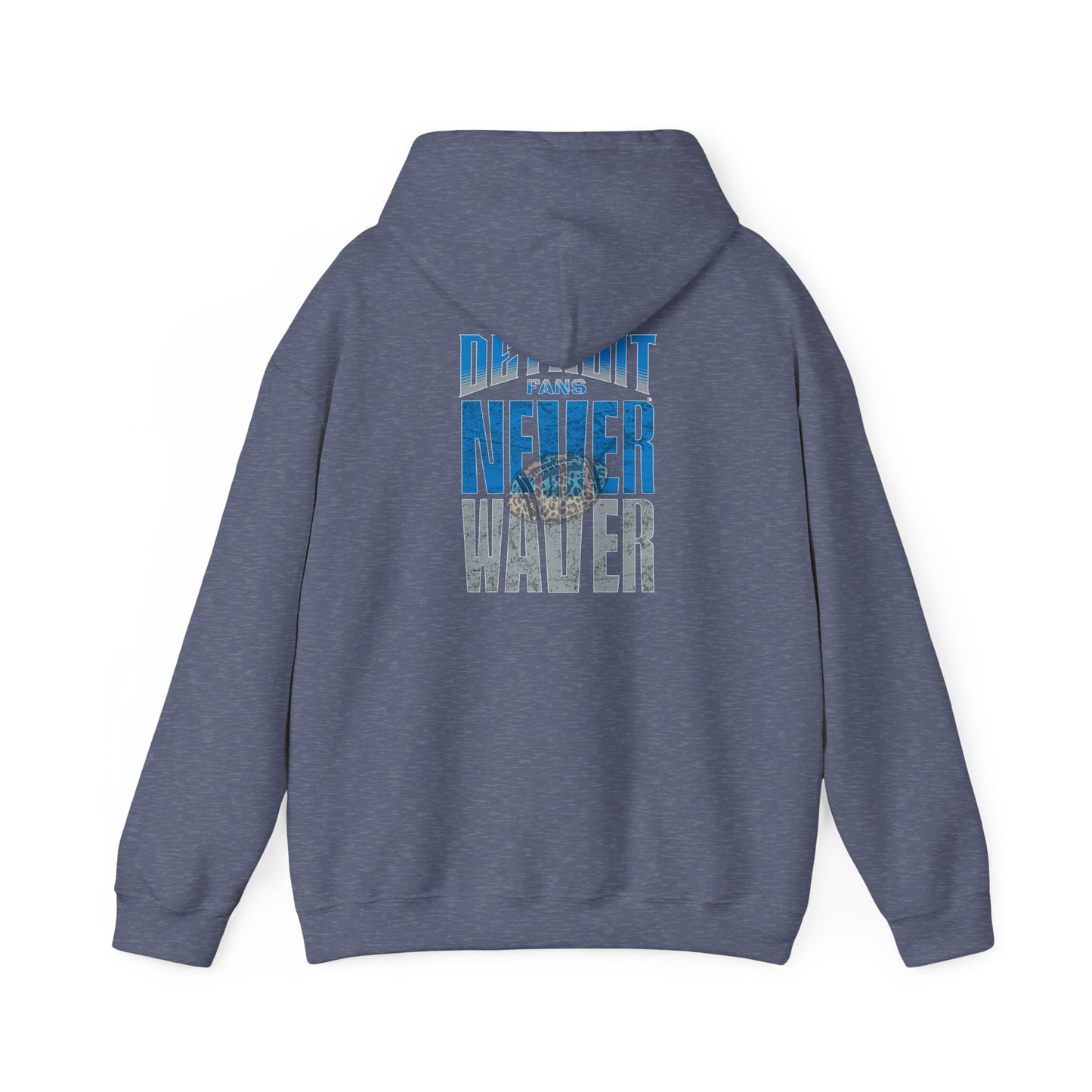 Unisex Heavy Blend™ Hooded Sweatshirt - "Detroit Fans NEVER WAVER w Leopard Football" Inspirational Wear - Never Waver