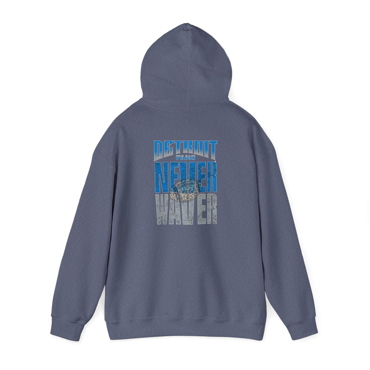 Unisex Heavy Blend™ Hooded Sweatshirt - "Detroit Fans NEVER WAVER w Leopard Football" Inspirational Wear - Never Waver