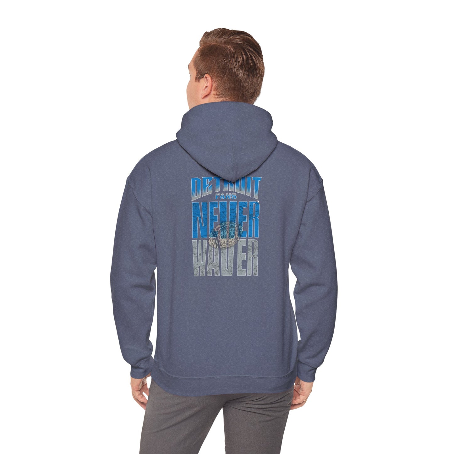 Unisex Heavy Blend™ Hooded Sweatshirt - "Detroit Fans NEVER WAVER w Leopard Football" Inspirational Wear - Never Waver