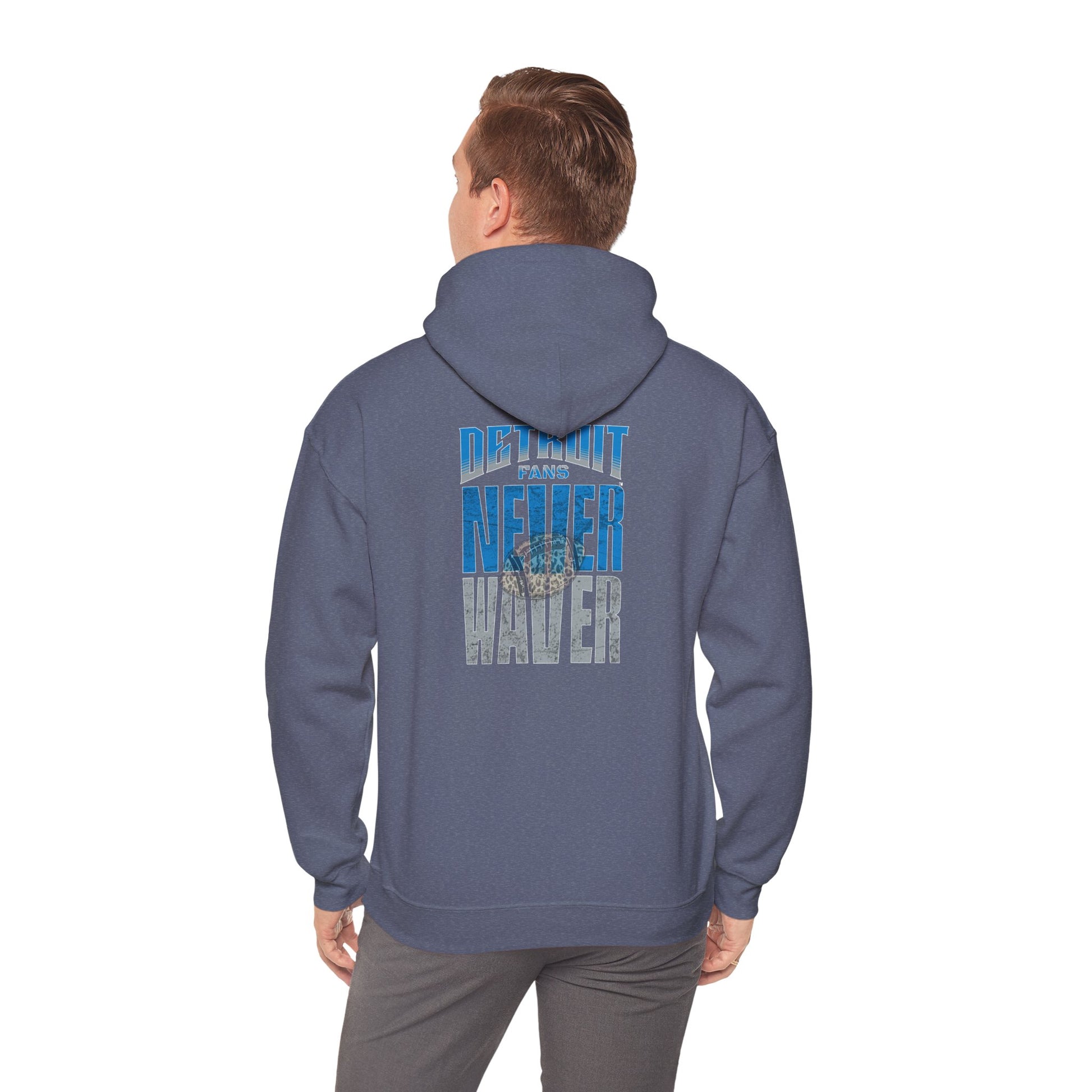 Unisex Heavy Blend™ Hooded Sweatshirt - "Detroit Fans NEVER WAVER w Leopard Football" Inspirational Wear - Never Waver