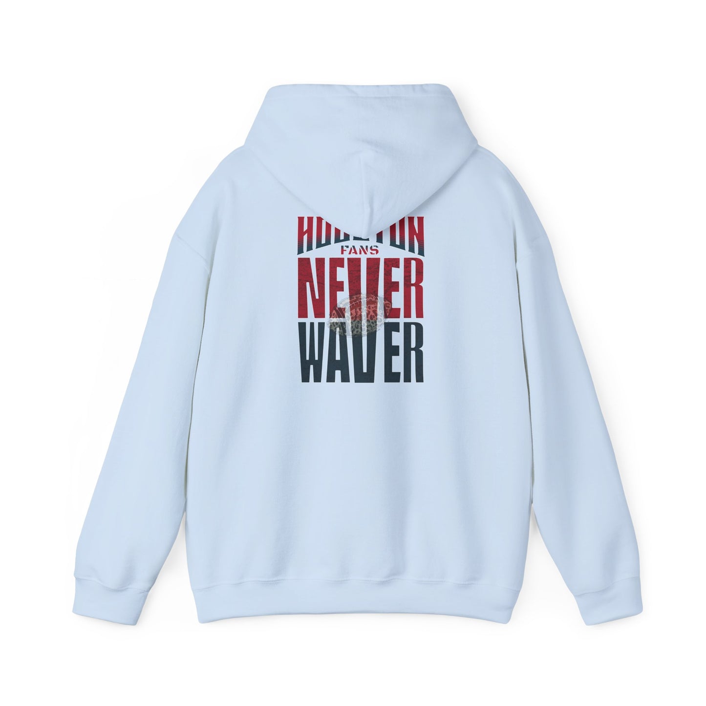 Unisex Heavy Blend™ Hooded Sweatshirt - "HOUSTON FANS NEVER WAVER w Leopard Football" Inspirational Wear - Never Waver