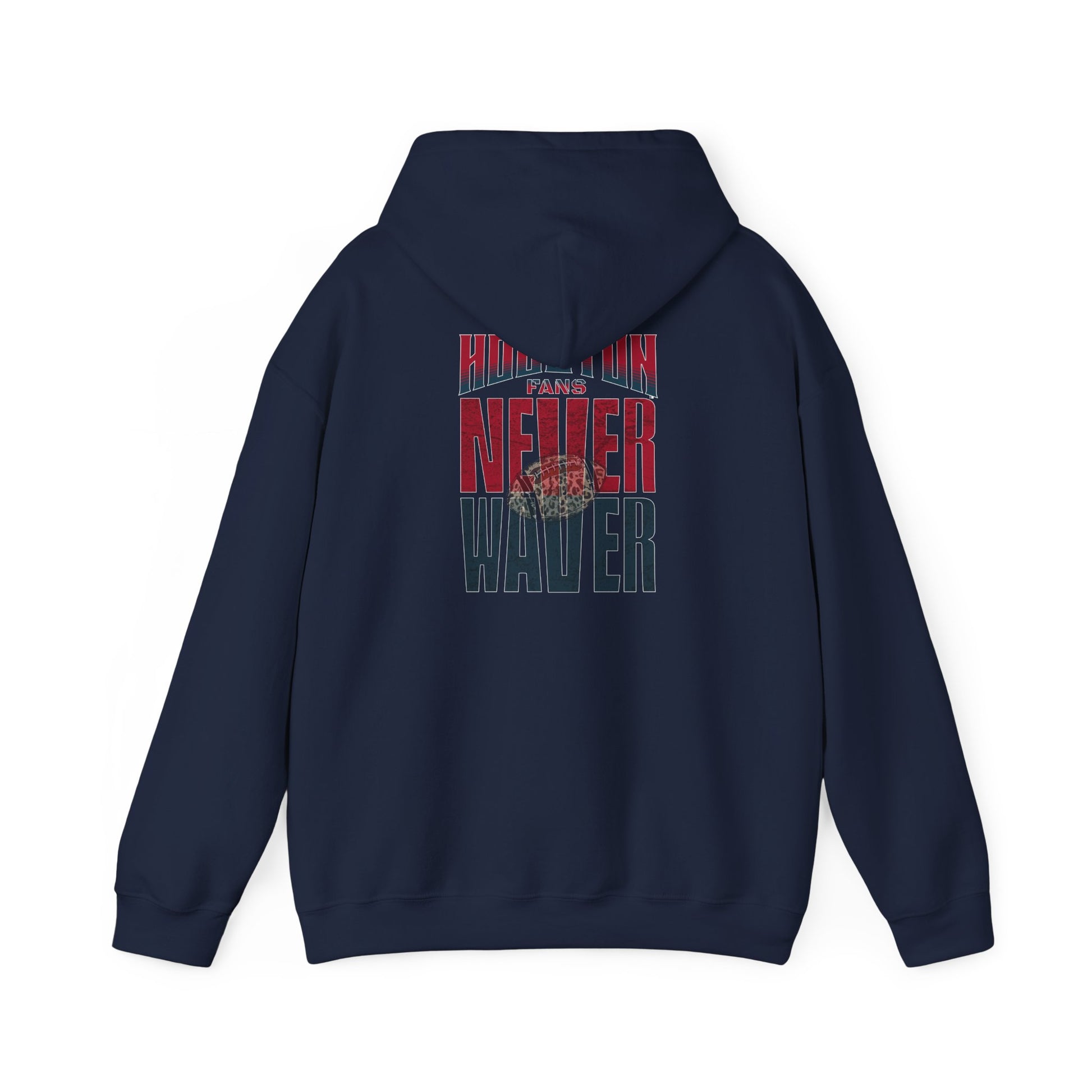 Unisex Heavy Blend™ Hooded Sweatshirt - "HOUSTON FANS NEVER WAVER w Leopard Football" Inspirational Wear - Never Waver