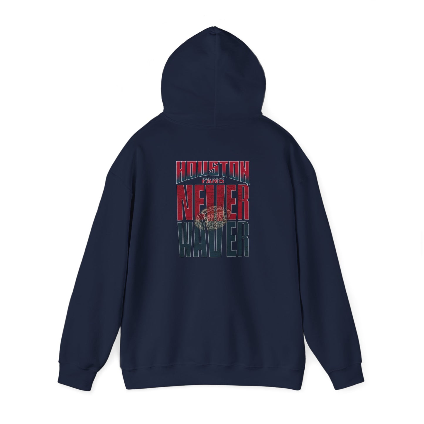 Unisex Heavy Blend™ Hooded Sweatshirt - "HOUSTON FANS NEVER WAVER w Leopard Football" Inspirational Wear - Never Waver