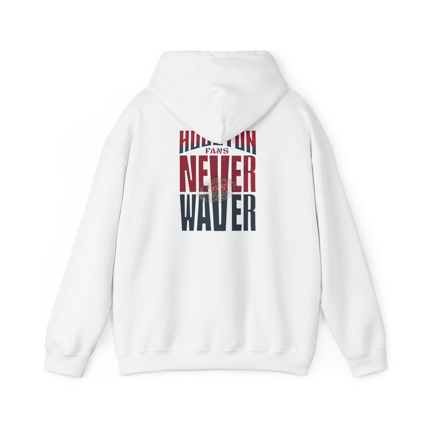 Unisex Heavy Blend™ Hooded Sweatshirt - "HOUSTON FANS NEVER WAVER w Leopard Football" Inspirational Wear - Never Waver