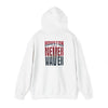 Unisex Heavy Blend™ Hooded Sweatshirt - "HOUSTON FANS NEVER WAVER w Leopard Football" Inspirational Wear - Never Waver