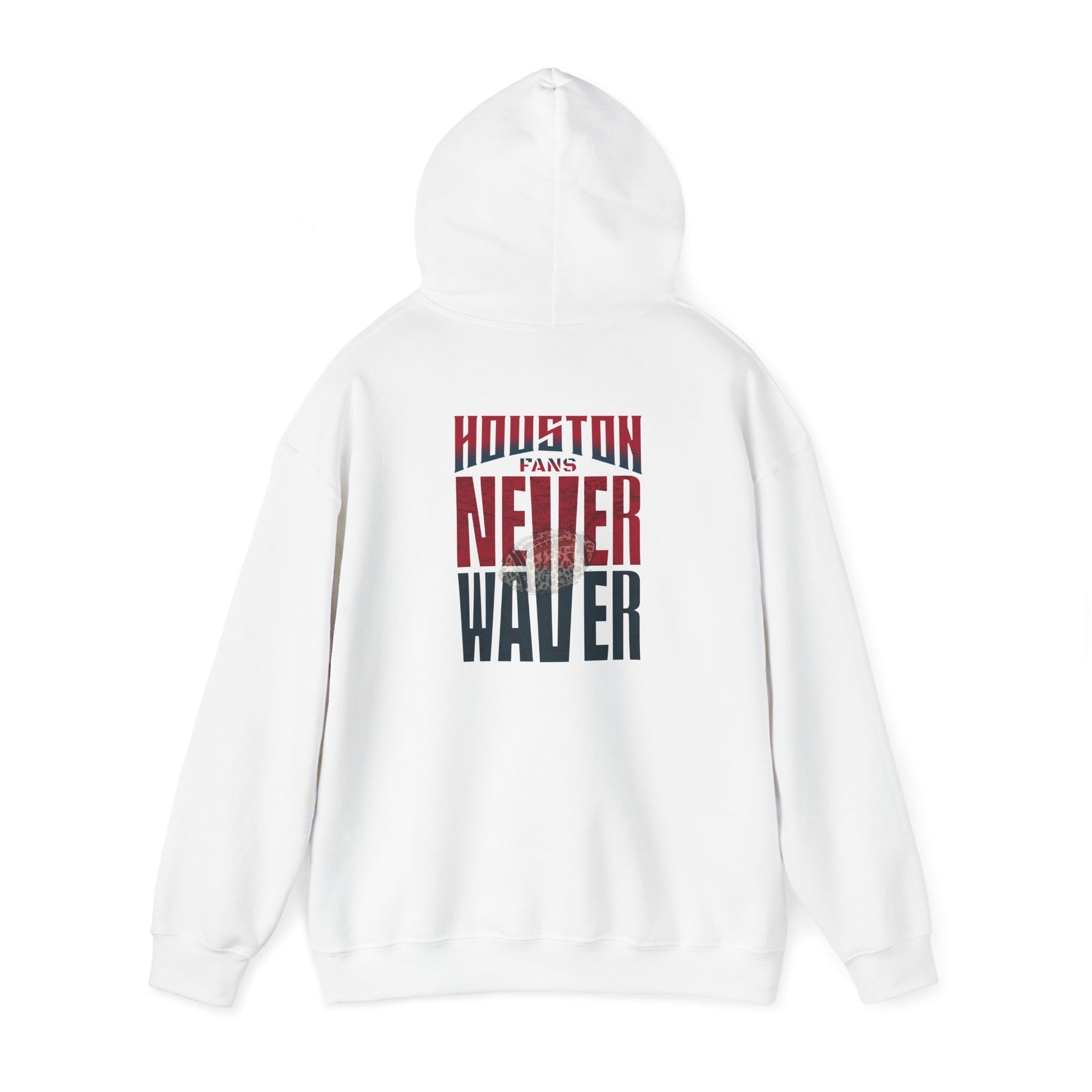 Unisex Heavy Blend™ Hooded Sweatshirt - "HOUSTON FANS NEVER WAVER w Leopard Football" Inspirational Wear - Never Waver