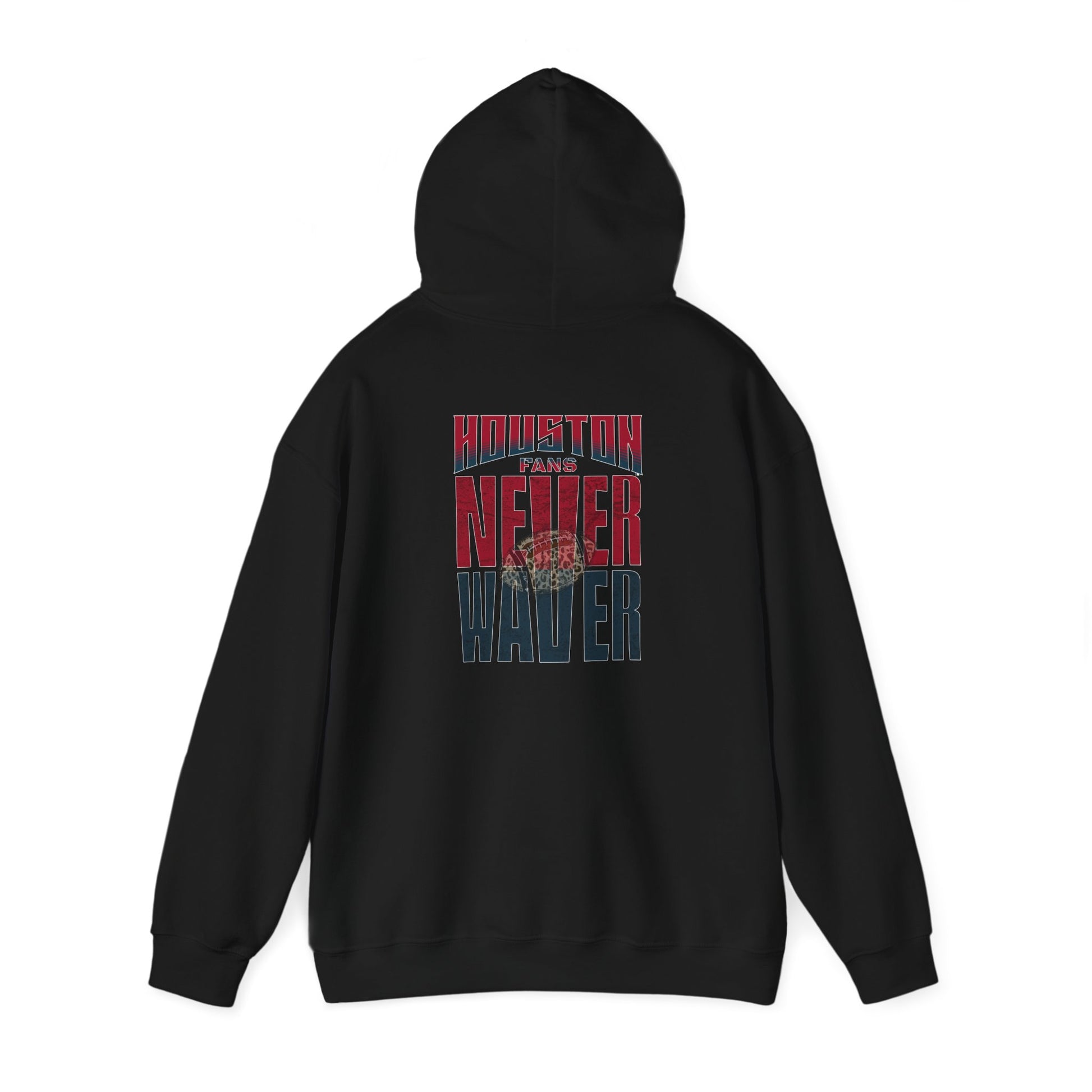 Unisex Heavy Blend™ Hooded Sweatshirt - "HOUSTON FANS NEVER WAVER w Leopard Football" Inspirational Wear - Never Waver