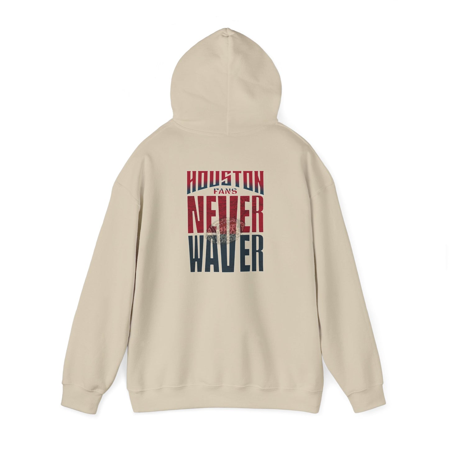 Unisex Heavy Blend™ Hooded Sweatshirt - "HOUSTON FANS NEVER WAVER w Leopard Football" Inspirational Wear - Never Waver