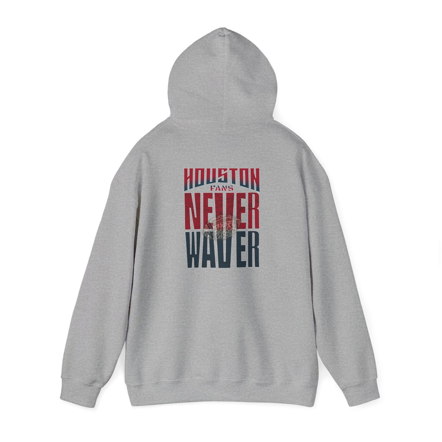 Unisex Heavy Blend™ Hooded Sweatshirt - "HOUSTON FANS NEVER WAVER w Leopard Football" Inspirational Wear - Never Waver