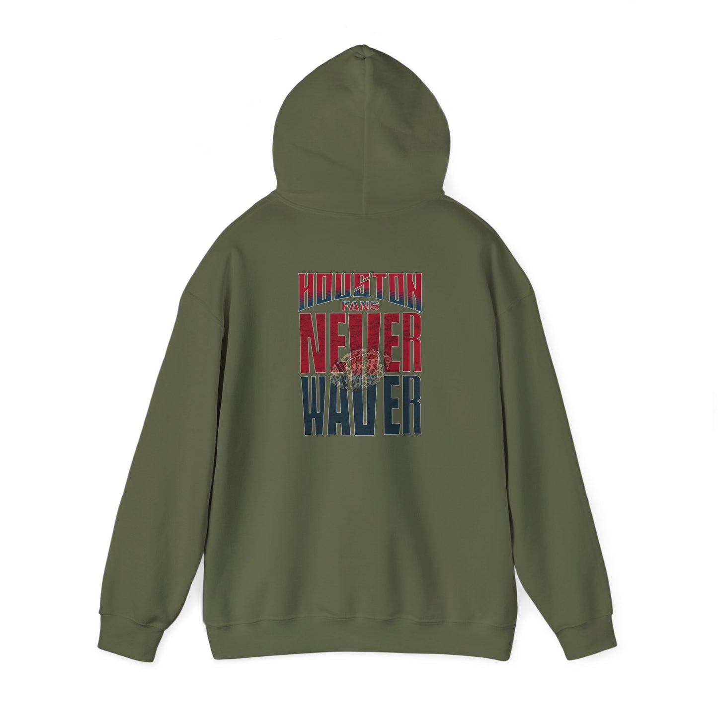 Unisex Heavy Blend™ Hooded Sweatshirt - "HOUSTON FANS NEVER WAVER w Leopard Football" Inspirational Wear - Never Waver