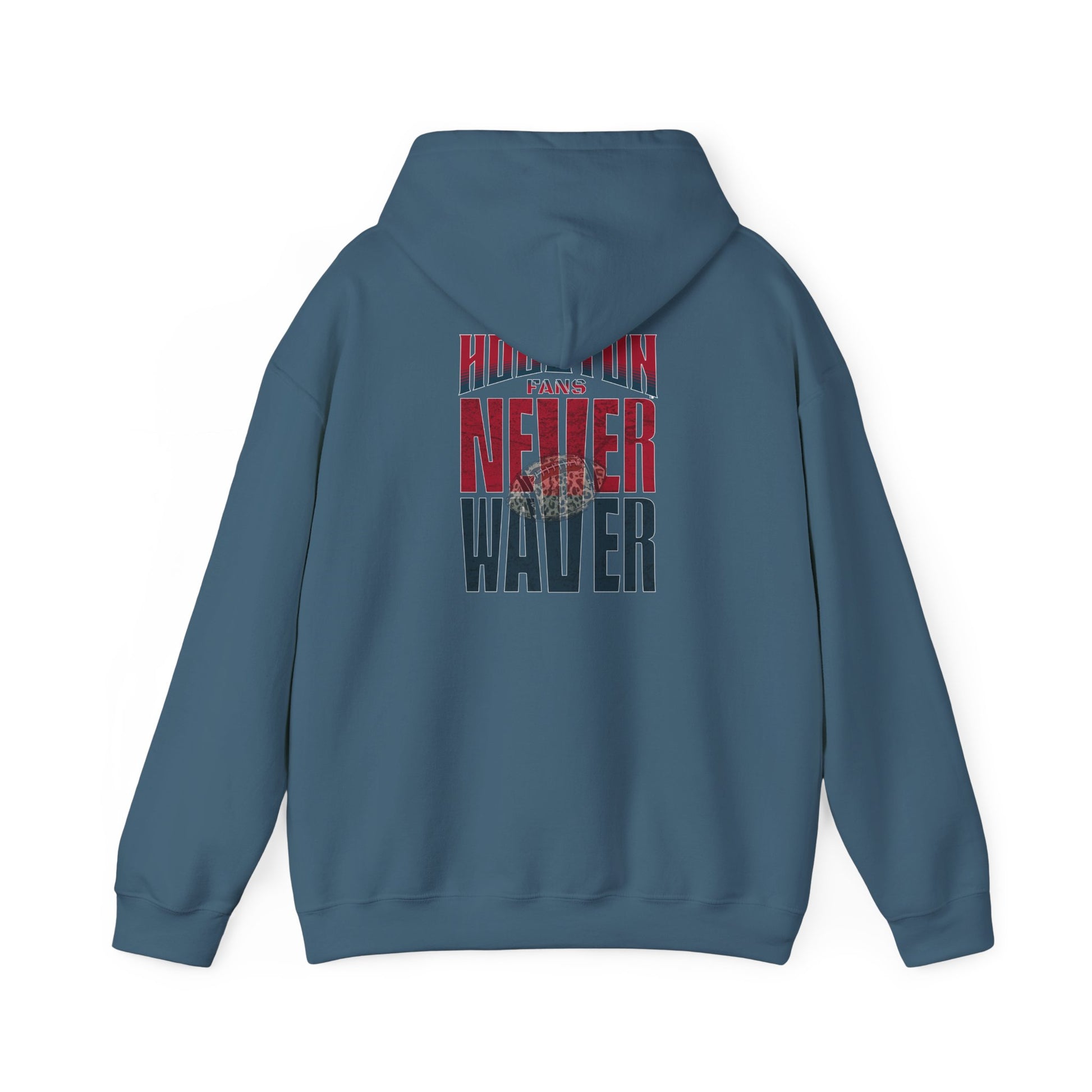 Unisex Heavy Blend™ Hooded Sweatshirt - "HOUSTON FANS NEVER WAVER w Leopard Football" Inspirational Wear - Never Waver