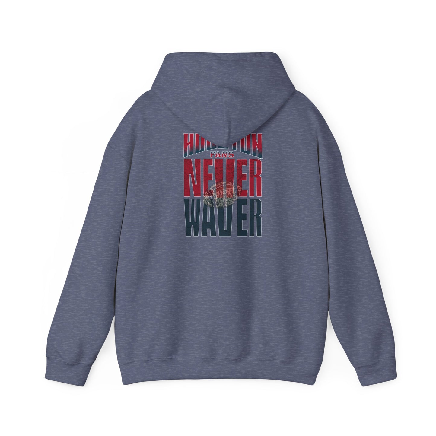 Unisex Heavy Blend™ Hooded Sweatshirt - "HOUSTON FANS NEVER WAVER w Leopard Football" Inspirational Wear - Never Waver