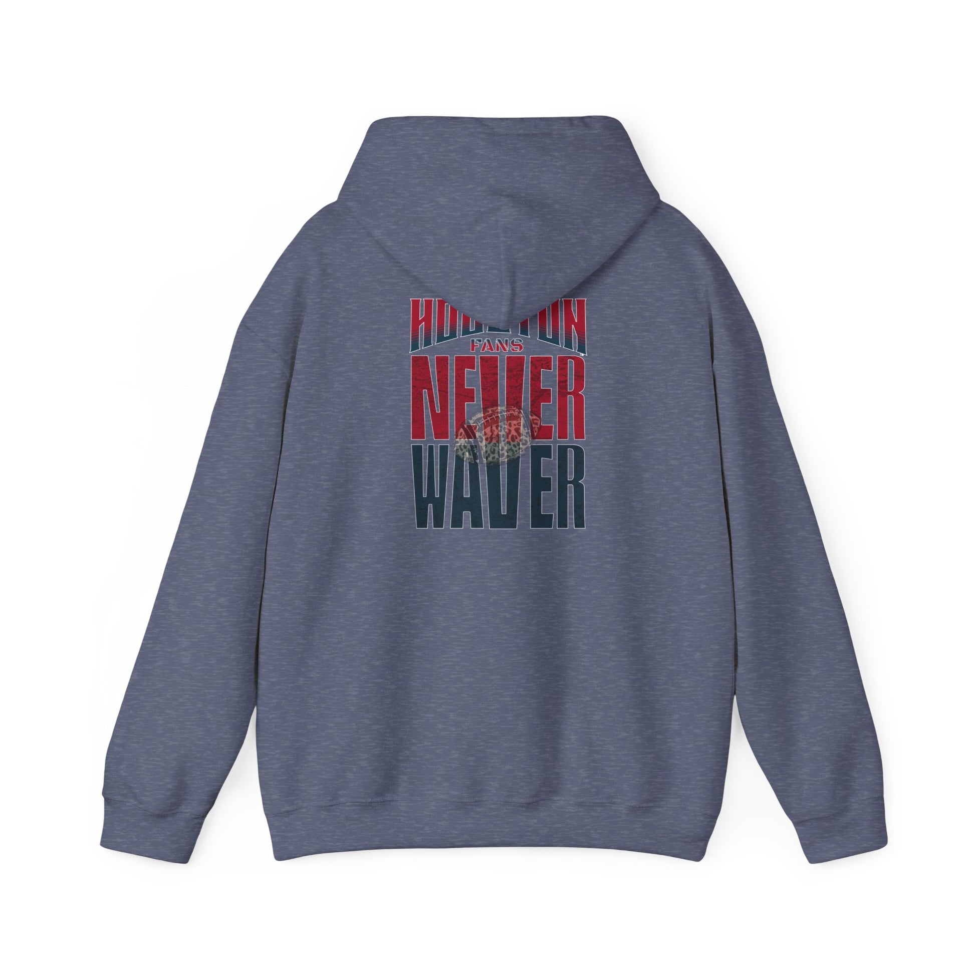 Unisex Heavy Blend™ Hooded Sweatshirt - "HOUSTON FANS NEVER WAVER w Leopard Football" Inspirational Wear - Never Waver