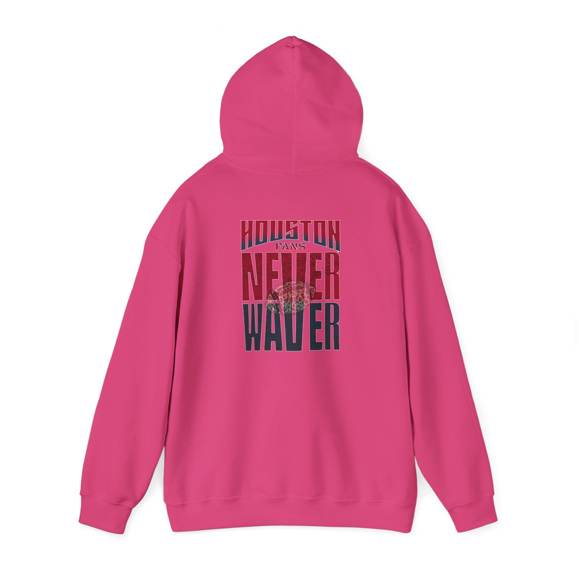 Unisex Heavy Blend™ Hooded Sweatshirt - "HOUSTON FANS NEVER WAVER w Leopard Football" Inspirational Wear - Never Waver
