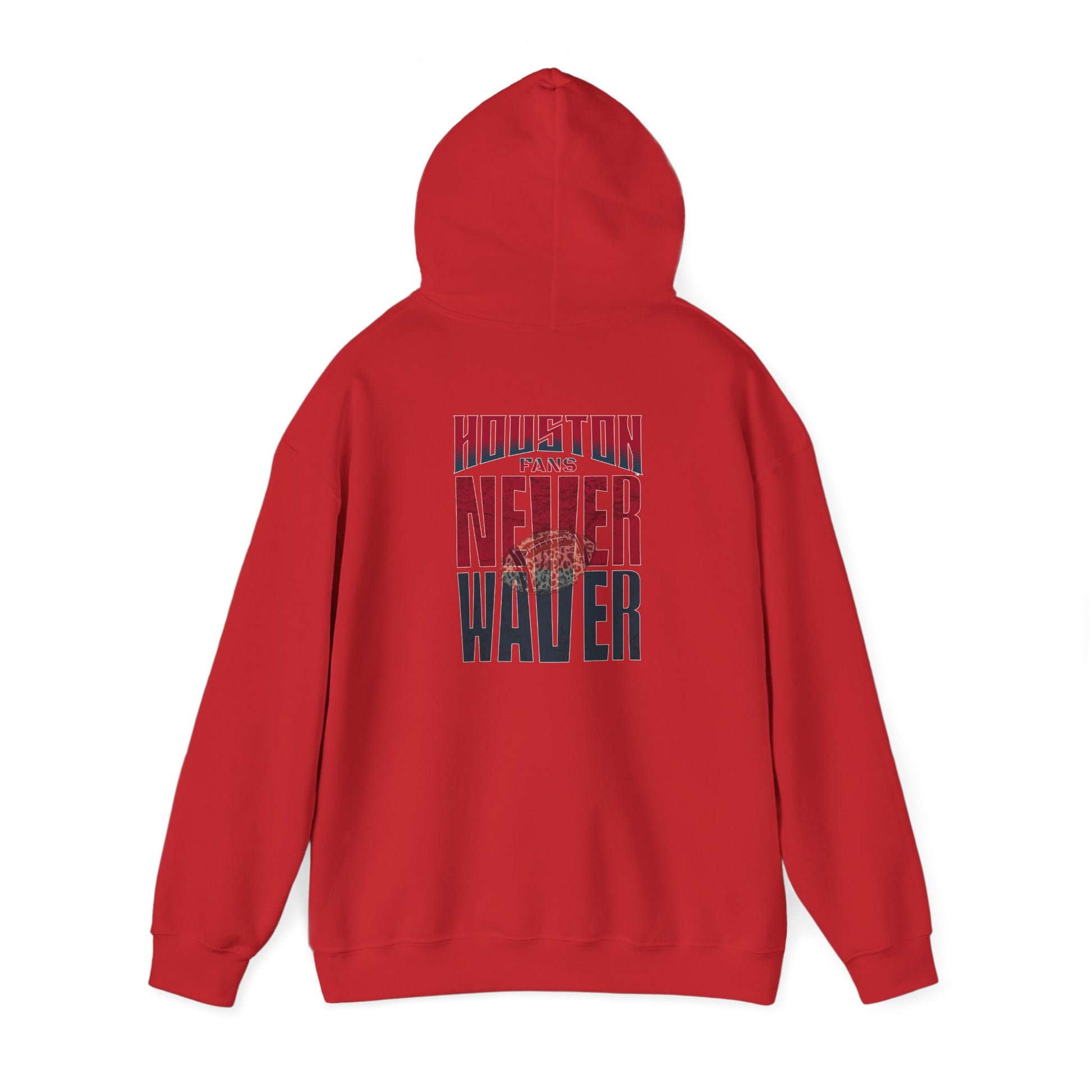 Unisex Heavy Blend™ Hooded Sweatshirt - "HOUSTON FANS NEVER WAVER w Leopard Football" Inspirational Wear - Never Waver