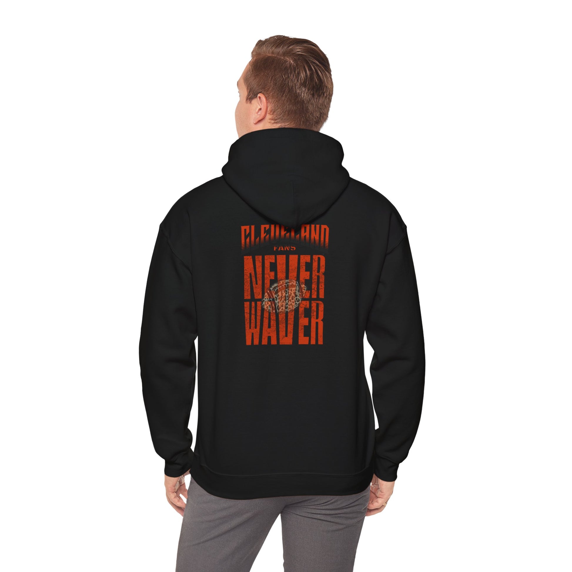 Cleveland Fans Never Waver w Leopard Football Unisex Hoodie - Cozy Heavy Blend Sweatshirt for Comfort and Style - Never Waver