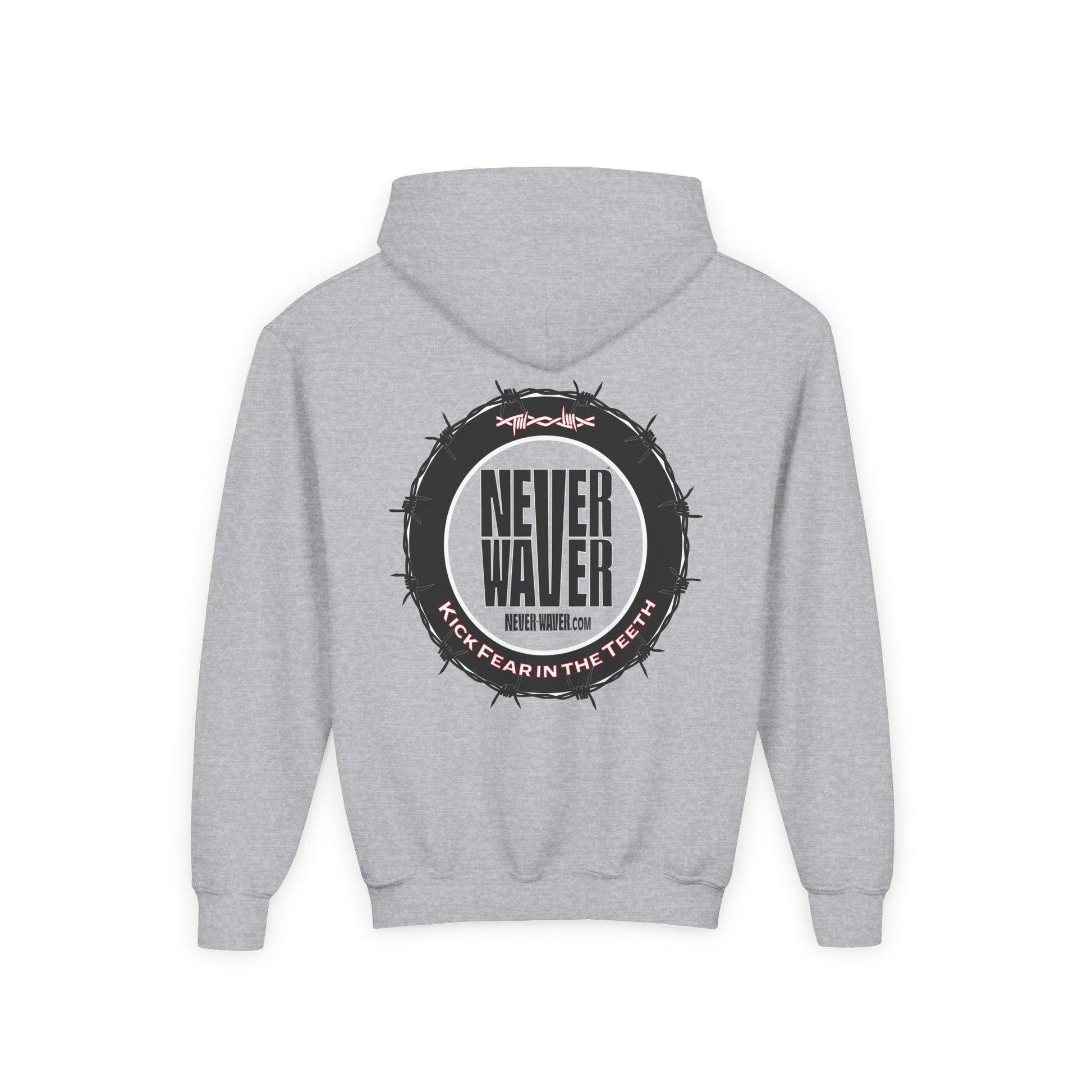 NEVER WAVER KICK FEAR IN THE TEETH Youth Heavy Blend Hooded Sweatshirt - Never Waver