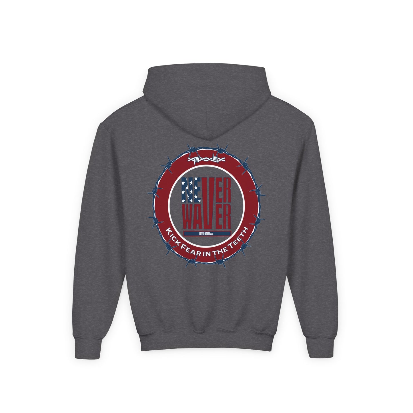 NEVER WAVER KICK FEAR IN THE TEETH Youth Heavy Blend Hooded Sweatshirt - Never Waver
