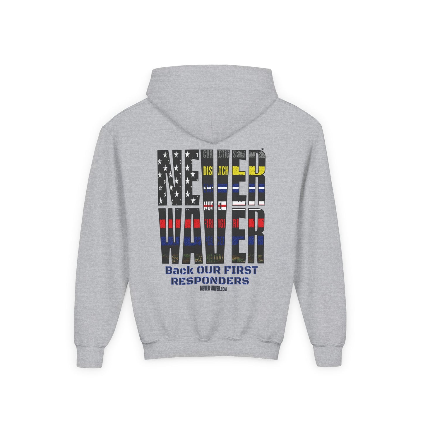 Never Waver Always Back Our First Responders Vintage-Inspired Youth Hoodie with American Flag Design - Never Waver