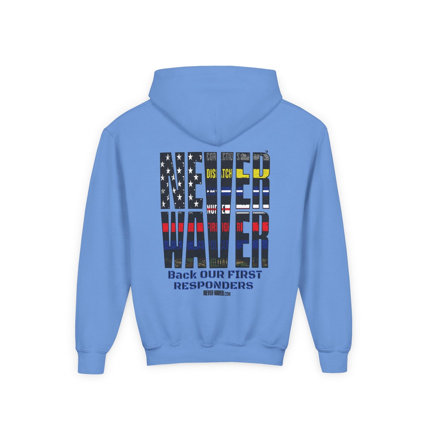 Never Waver Always Back Our First Responders Vintage-Inspired Youth Hoodie with American Flag Design - Never Waver