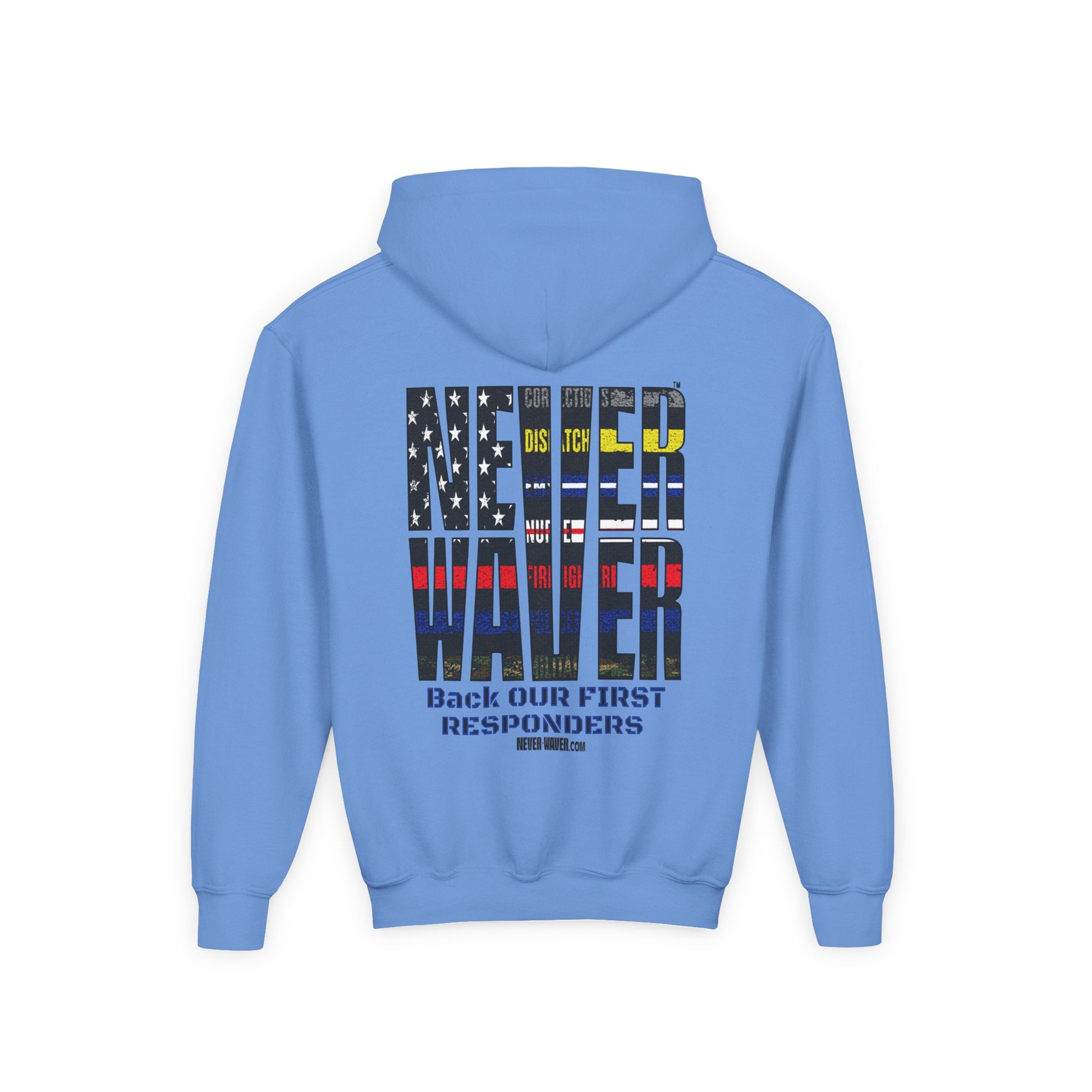 Never Waver Always Back Our First Responders Vintage-Inspired Youth Hoodie with American Flag Design - Never Waver